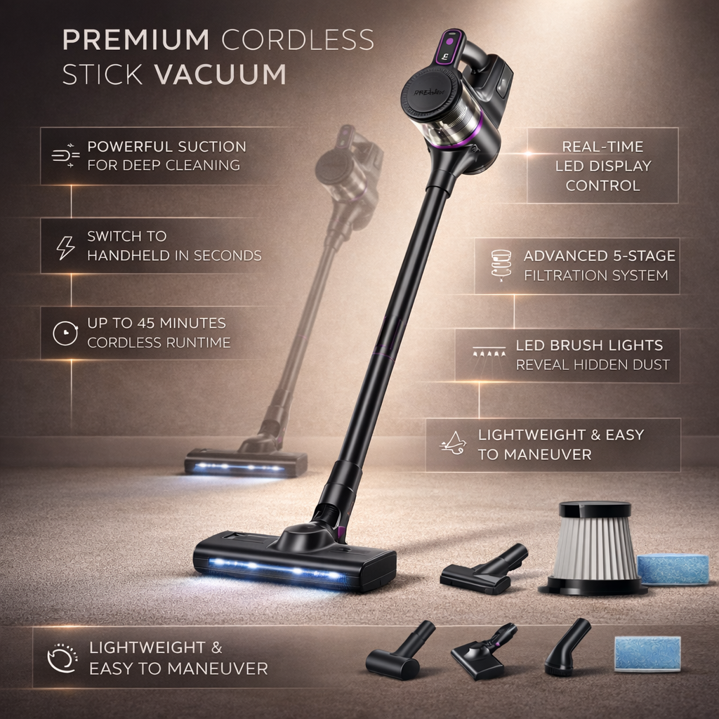 Rechargeable Stick Vacuum Cleaner With LED Display And Floor Brush