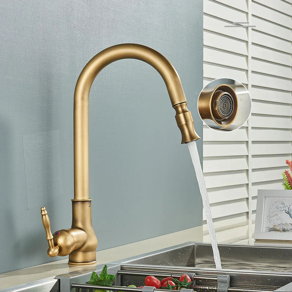 Vintage Brass Kitchen Faucet With Swivel Spout For Sinks