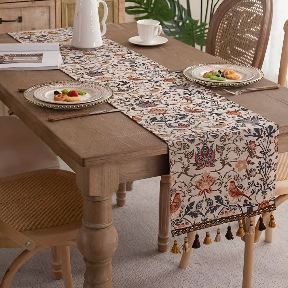 Heritage Looms Elegant Table Runner With Floral And Bird Motif