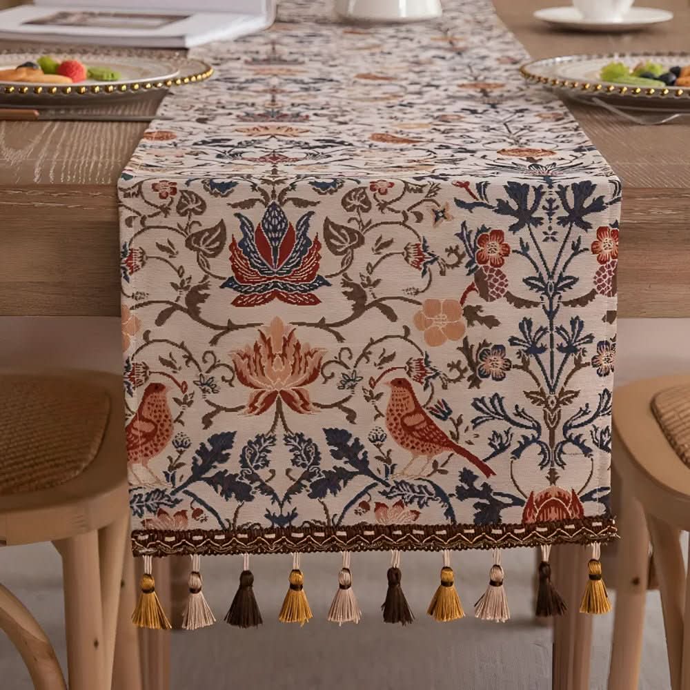 Heritage Looms Elegant Table Runner With Floral And Bird Motif