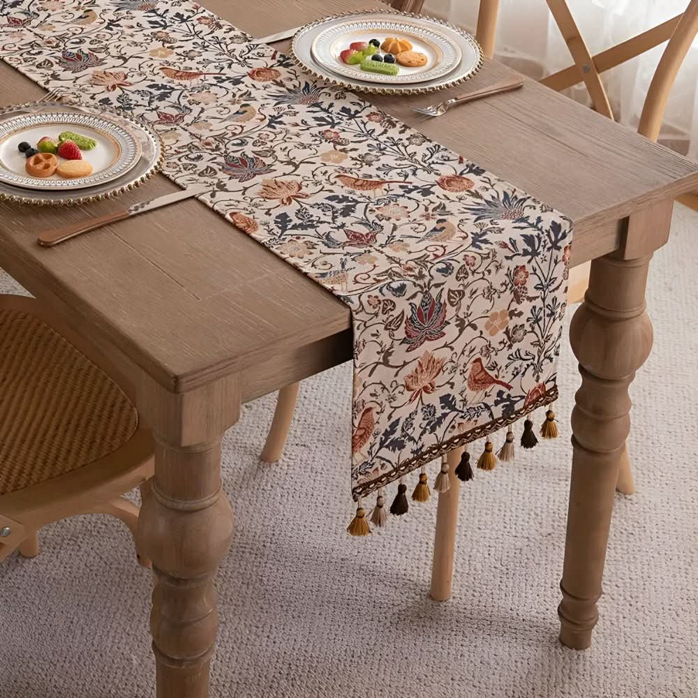 Heritage Looms Elegant Table Runner With Floral And Bird Motif