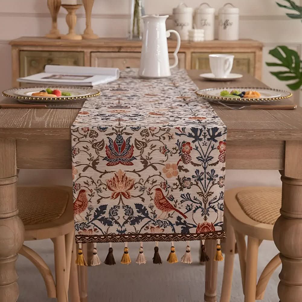 Heritage Looms Elegant Table Runner With Floral And Bird Motif