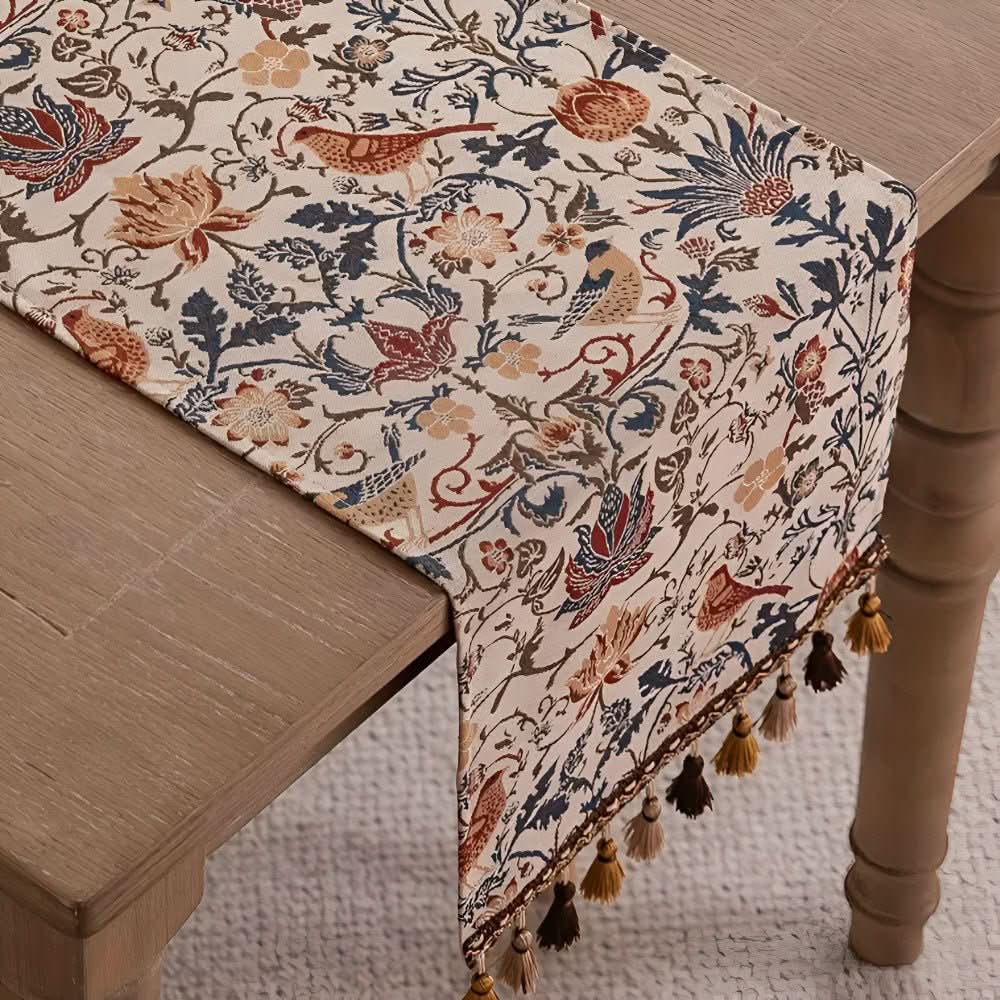 Heritage Looms Elegant Table Runner With Floral And Bird Motif