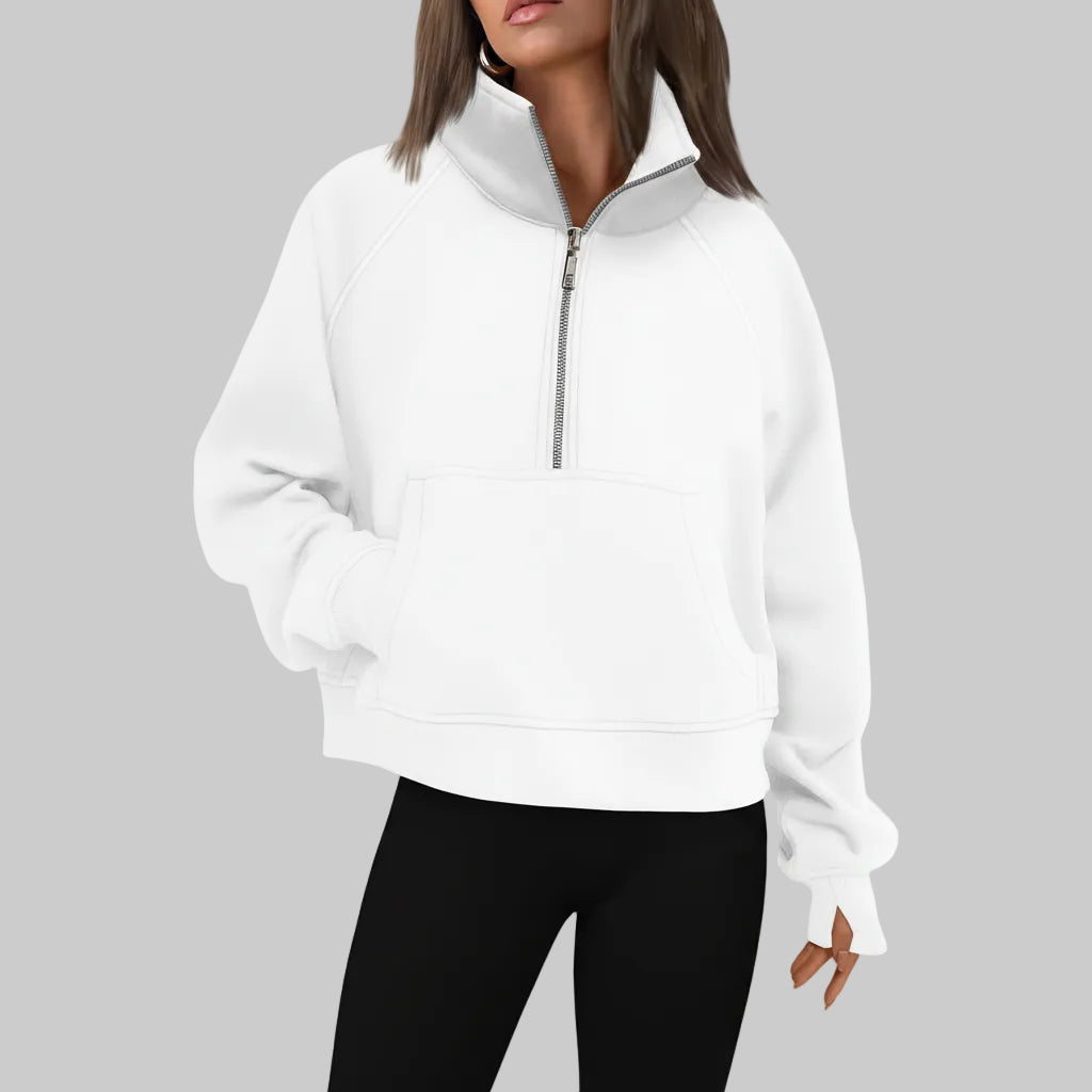 Dame Cropped Fleece Sweatshirt med Halv Lynlås til Hverdagsvarme