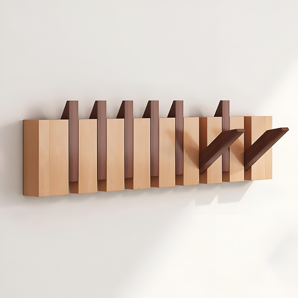 Wooden Paneled Wall Mount Coat Rack With Foldable Hooks
