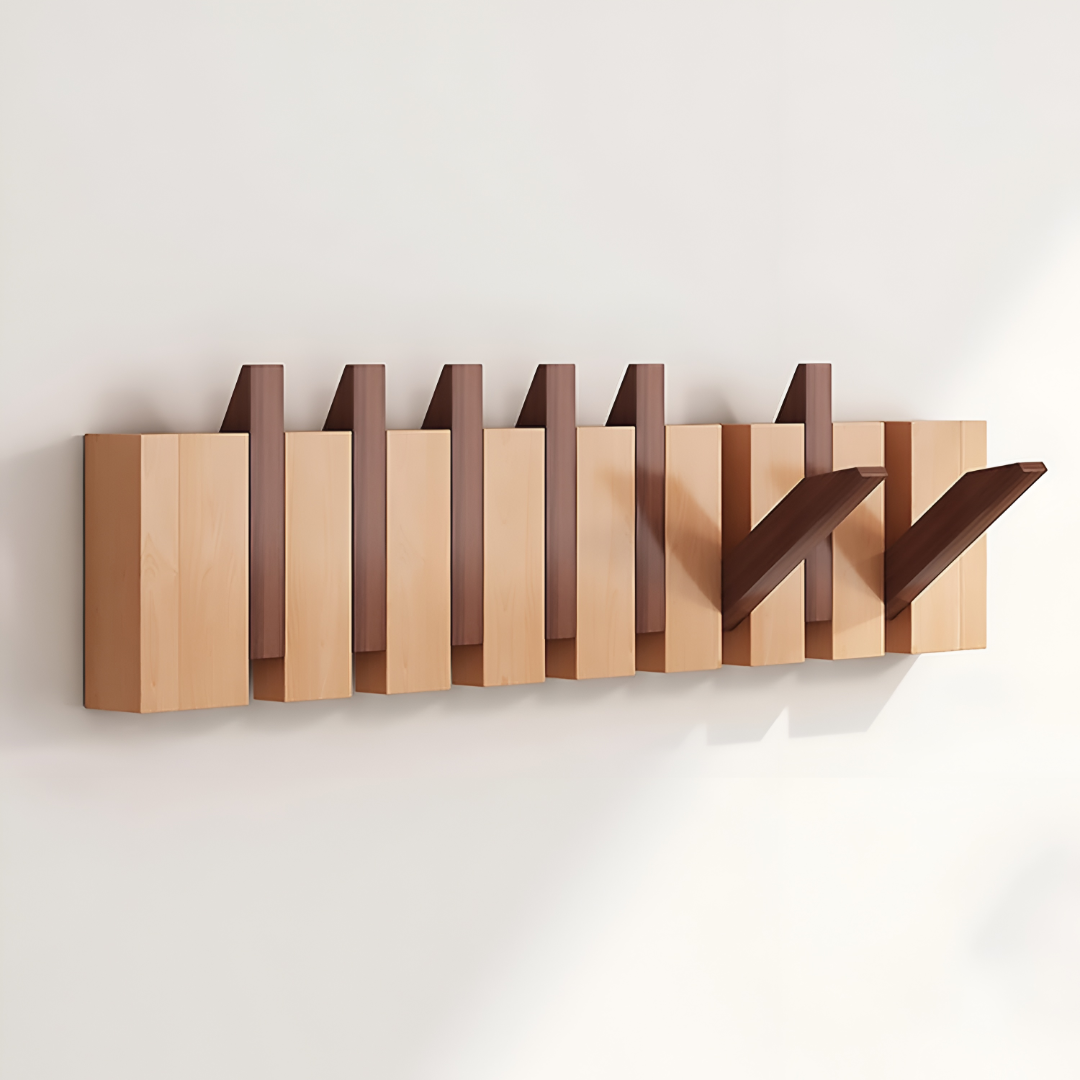 Wooden Paneled Wall Mount Coat Rack With Foldable Hooks
