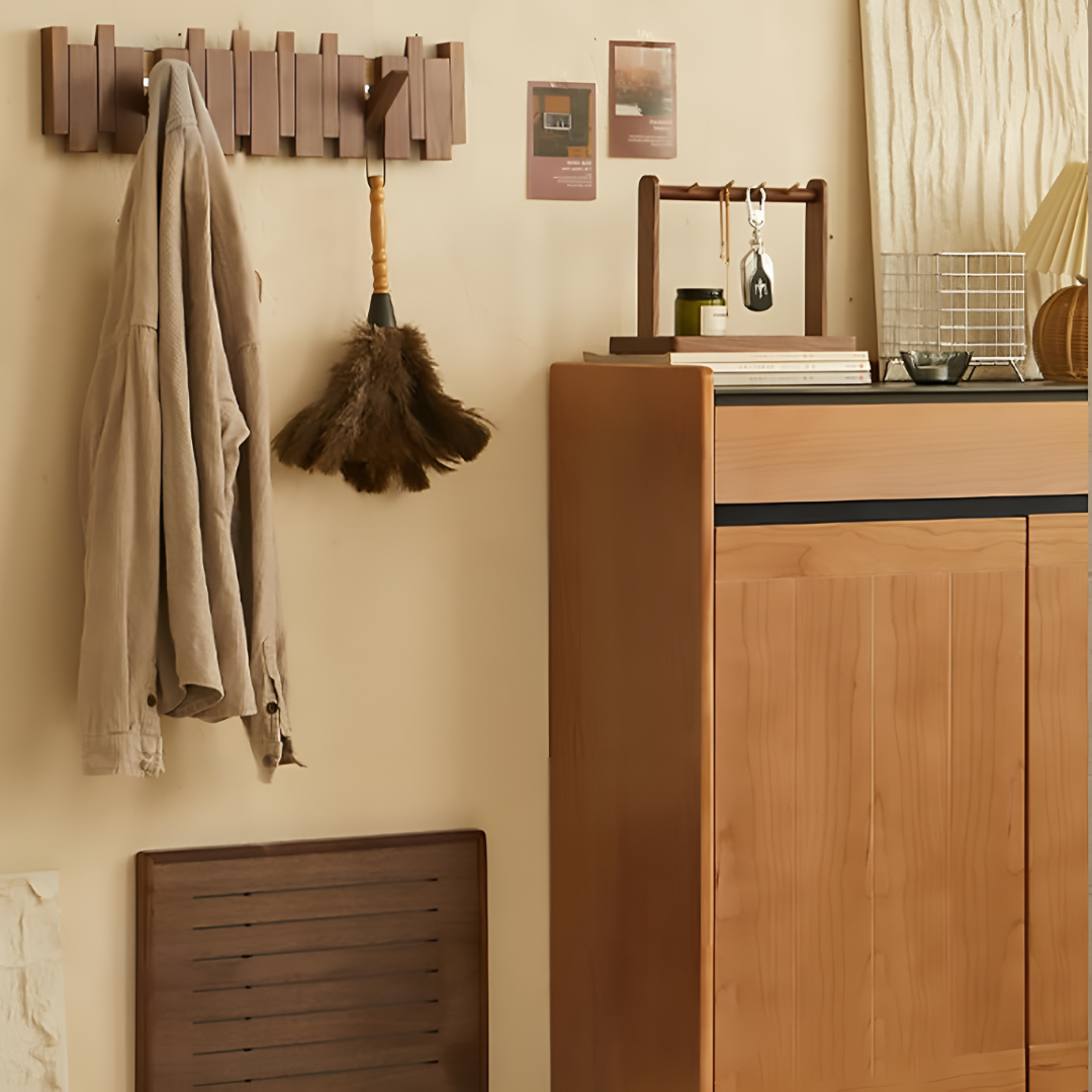 Wooden Paneled Wall Mount Coat Rack With Foldable Hooks