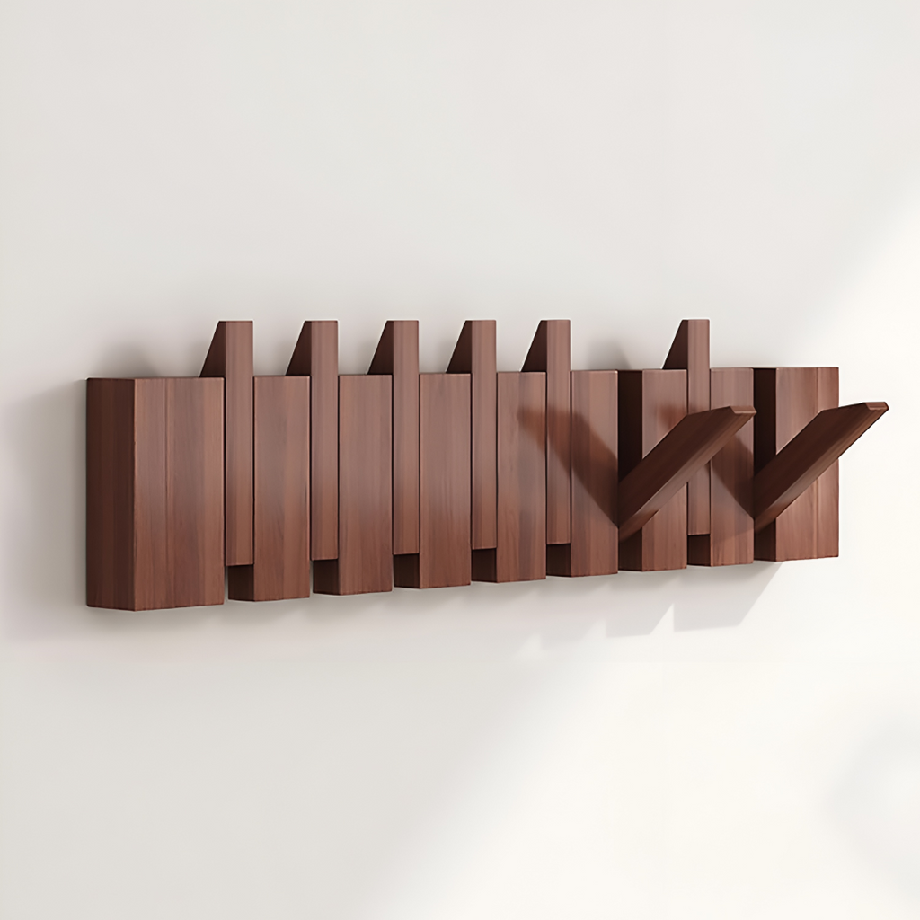 Wooden Paneled Wall Mount Coat Rack With Foldable Hooks