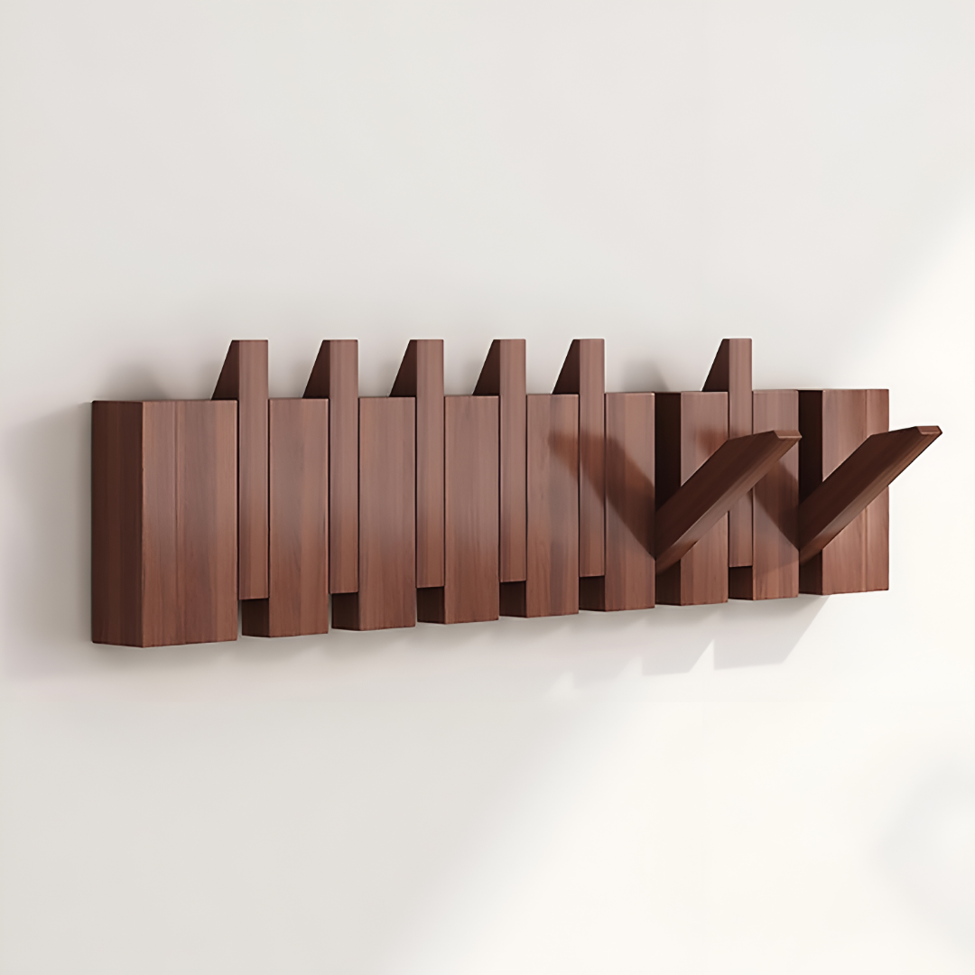 Wooden Paneled Wall Mount Coat Rack With Foldable Hooks