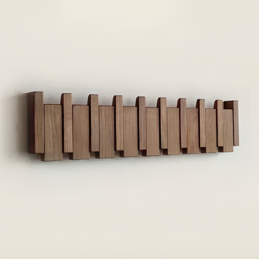 Wooden Paneled Wall Mount Coat Rack With Foldable Hooks