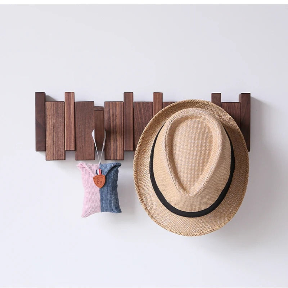Wooden Paneled Wall Mount Coat Rack With Foldable Hooks