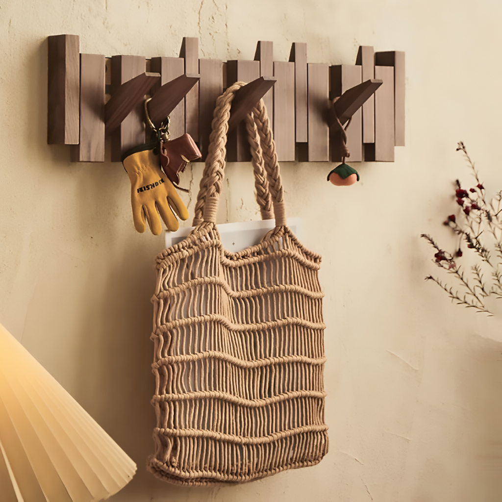 Wooden Paneled Wall Mount Coat Rack With Foldable Hooks