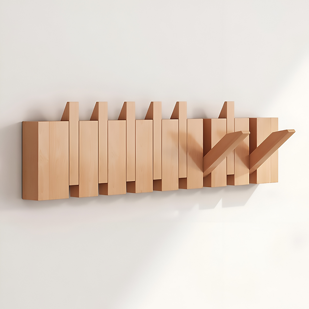 Wooden Paneled Wall Mount Coat Rack With Foldable Hooks