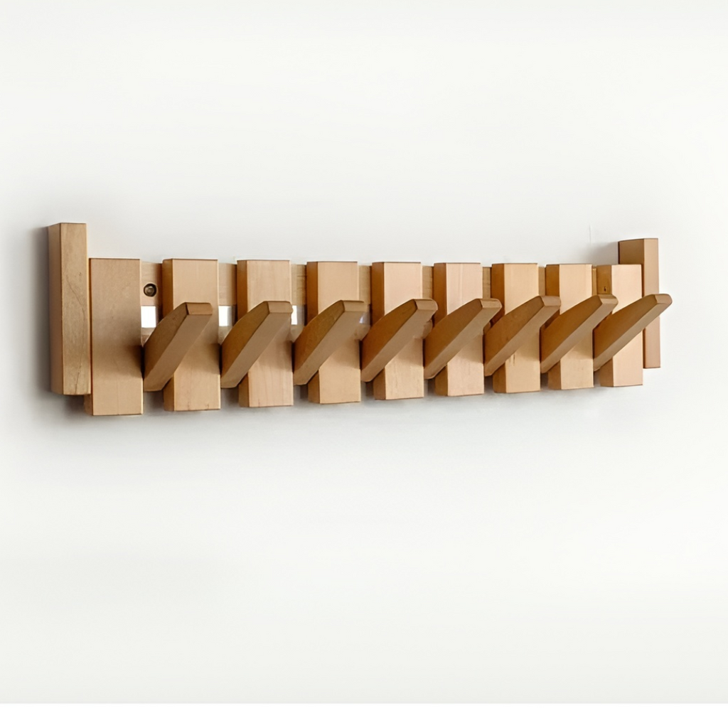 Wooden Paneled Wall Mount Coat Rack With Foldable Hooks