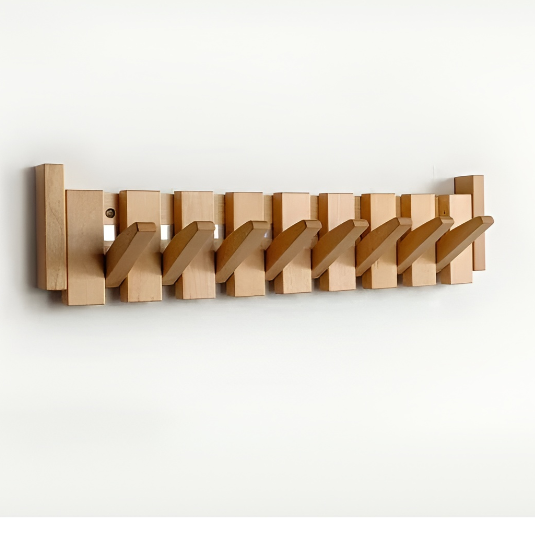 Wooden Paneled Wall Mount Coat Rack With Foldable Hooks