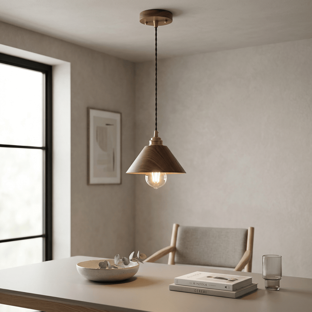 Walnut Wood Cone Pendant Light Fixture, Modern Design, 12 Inches | Rosalyssa