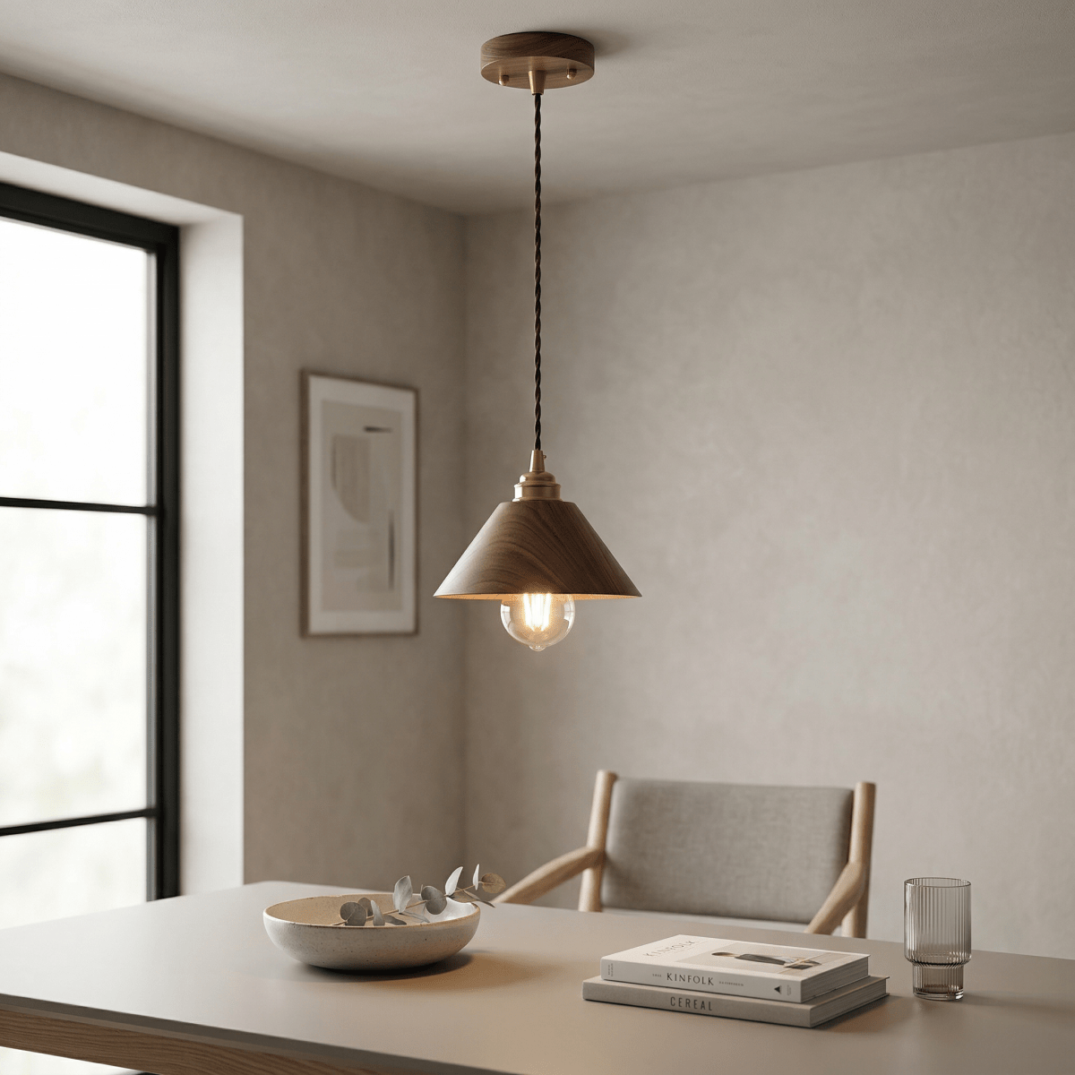 Walnut Wood Cone Pendant Light Fixture, Modern Design, 12 Inches | Rosalyssa