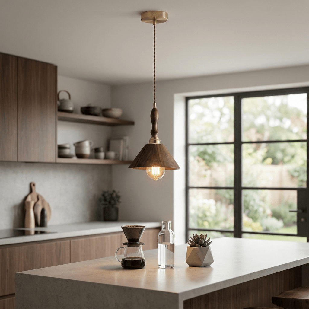 Walnut Wood Cone Pendant Light Fixture, Modern Design, 12 Inches | Rosalyssa