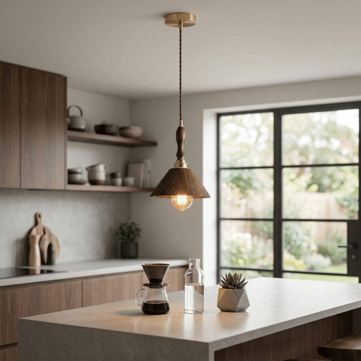Walnut Wood Cone Pendant Light Fixture, Modern Design, 12 Inches | Rosalyssa