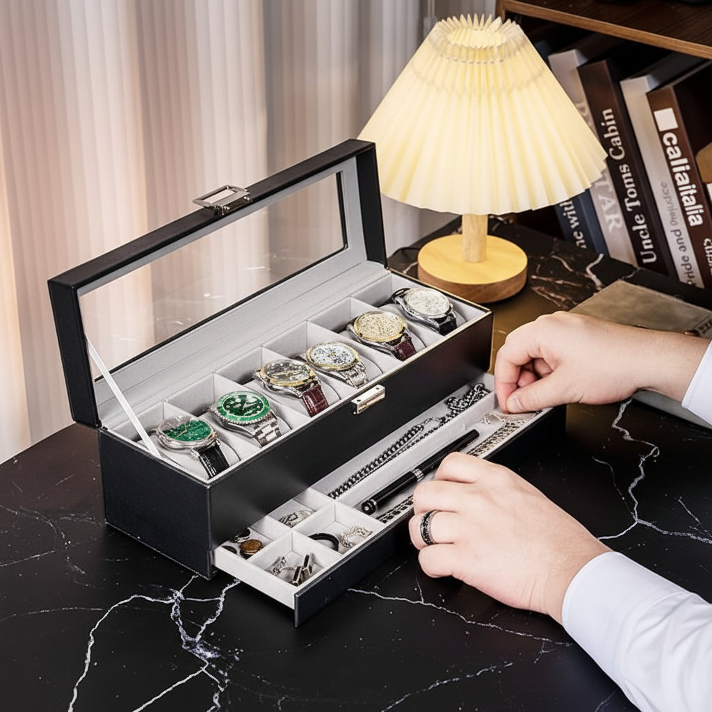 Scatola portaorologi a due livelli con cassetto, 6 scomparti, coperchio in vetro