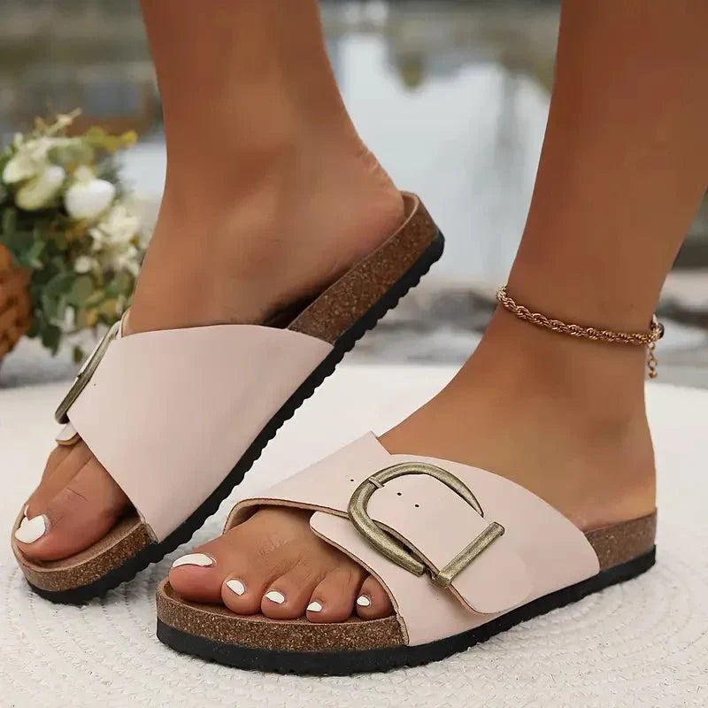 Women's Cork Slip-On Sandals With Wide Buckle Strap for Comfortable Fit | Rosalyssa