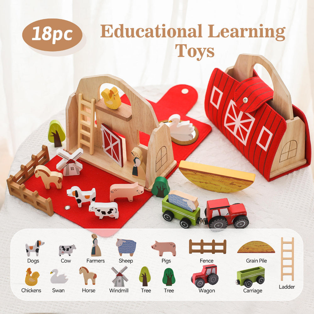 Travel Toddler Wooden Farm Toy Set In Barn Case For Imaginative Play