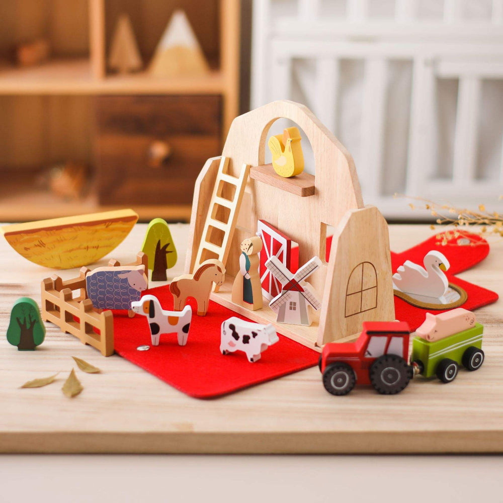 Travel Toddler Wooden Farm Toy Set In Barn Case For Imaginative Play