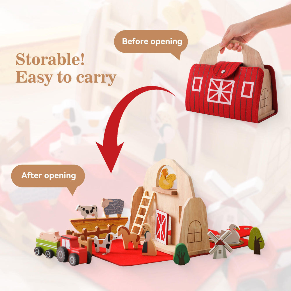Travel Toddler Wooden Farm Toy Set In Barn Case For Imaginative Play