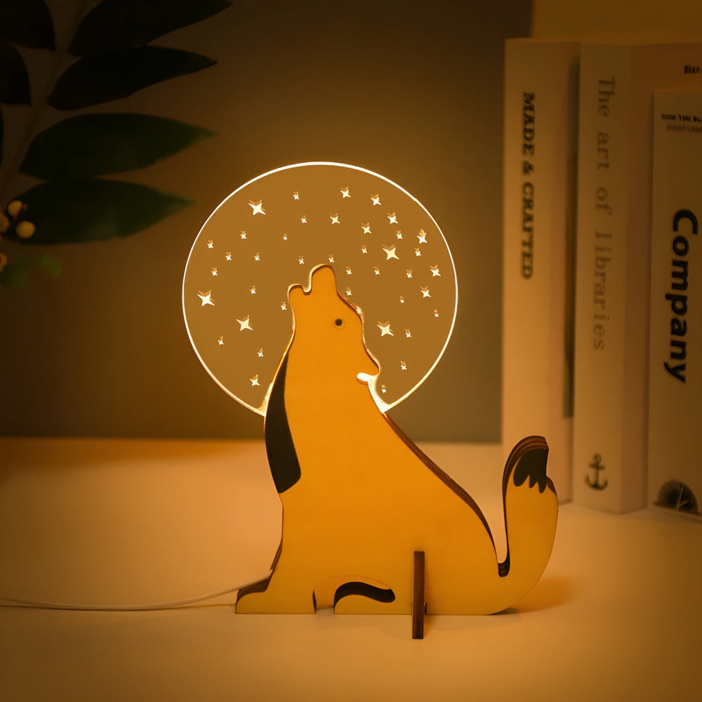 Candeeiro de Mesa com Design de Animal em Madeira e Luz Noturna LED para Quarto de Crianças
