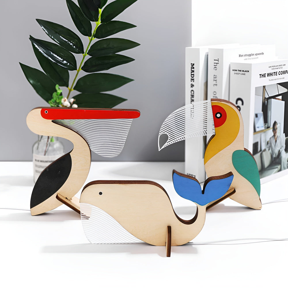 Candeeiro de Mesa com Design de Animal em Madeira e Luz Noturna LED para Quarto de Crianças
