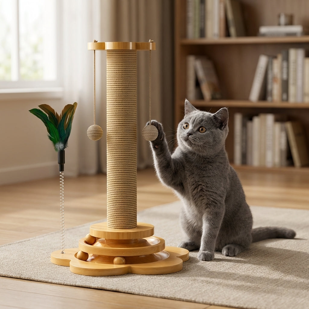 Wooden Cat Scratching Post Featuring Hanging Balls And Interactive Track | Rosalyssa