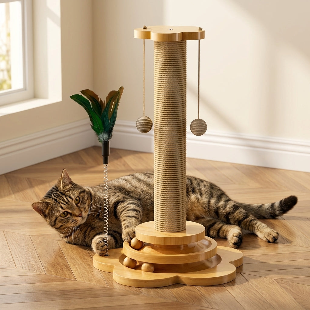 Wooden Cat Scratching Post Featuring Hanging Balls And Interactive Track | Rosalyssa