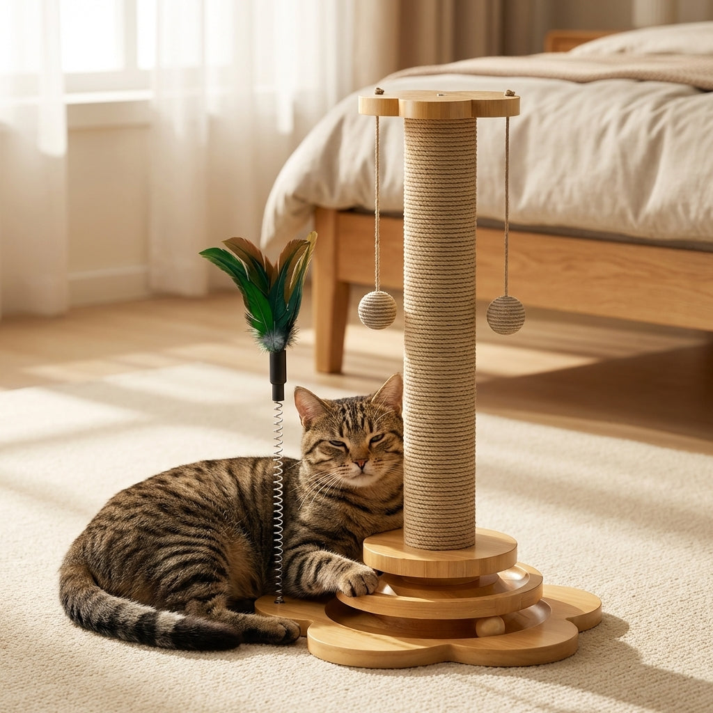 Wooden Cat Scratching Post Featuring Hanging Balls And Interactive Track | Rosalyssa