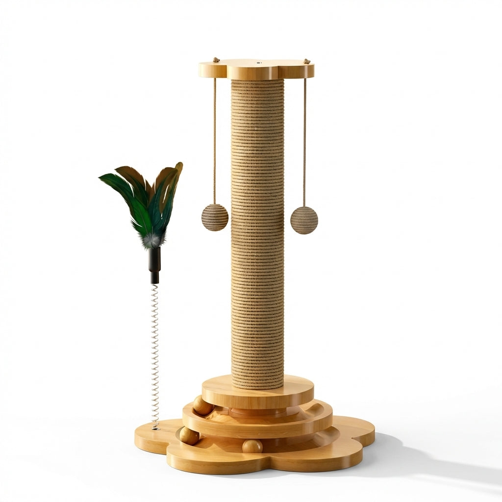 Wooden Cat Scratching Post Featuring Hanging Balls And Interactive Track | Rosalyssa