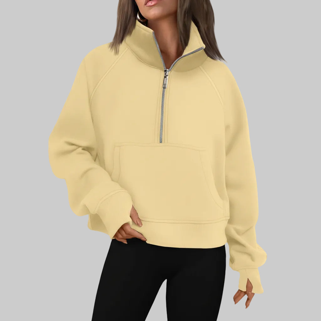 Dame Cropped Fleece Sweatshirt med Halv Lynlås til Hverdagsvarme