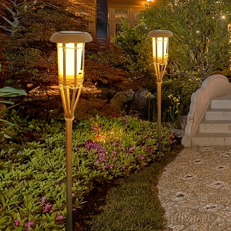 2-pack solarnych lamp bambusowych z płomieniem i 12 diodami LED, latarnie ogrodowe na zewnątrz