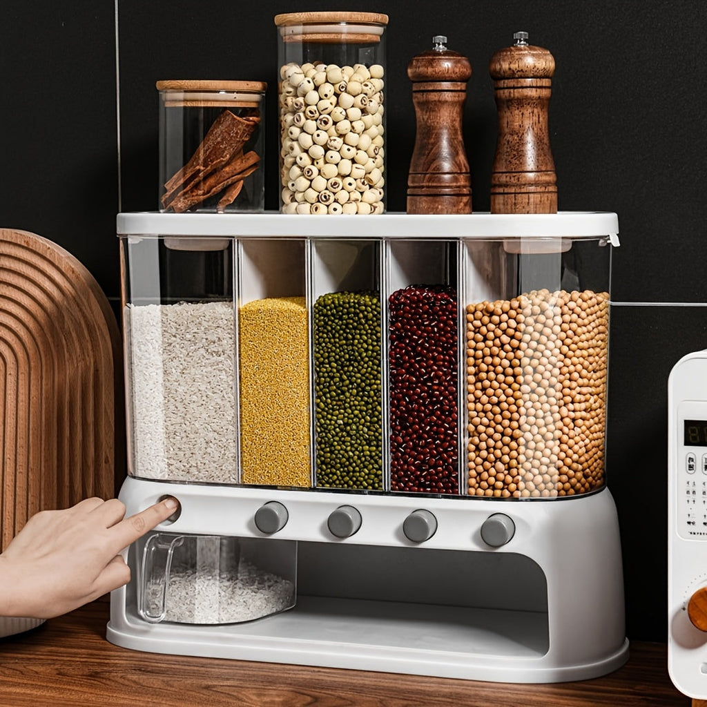 Airtight Five-Compartment Grain Storage Bin For Pantry Organization