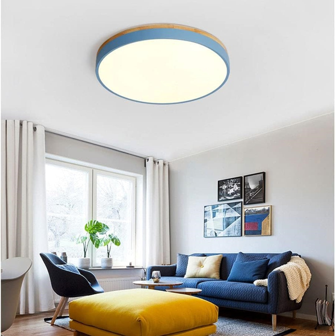 Lámpara de techo redonda de madera con LED y acrílico, regulable con luz cálida, estilo escandinavo