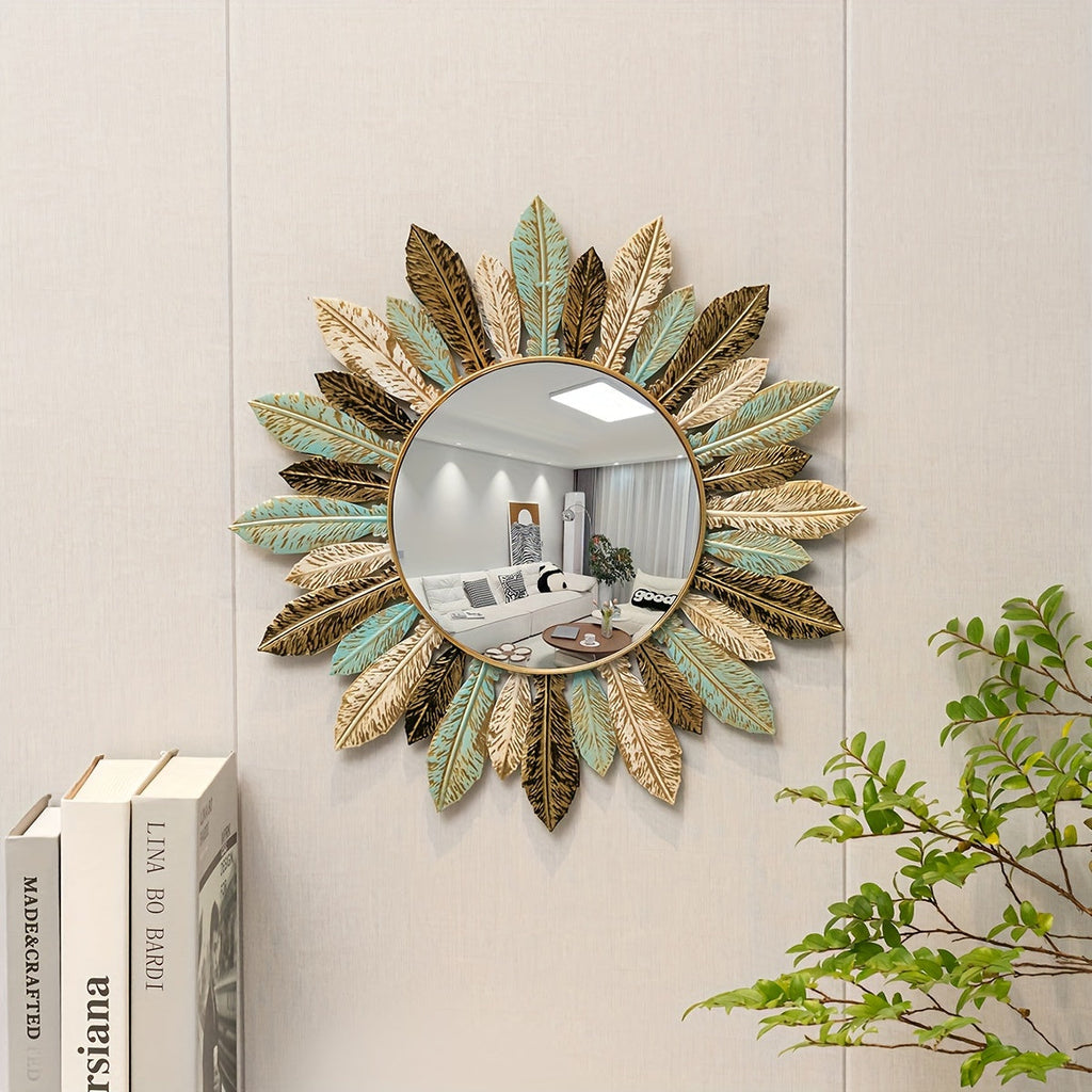 Espelho de Parede Boémio Sunburst com Folhas Verde-azul e Douradas