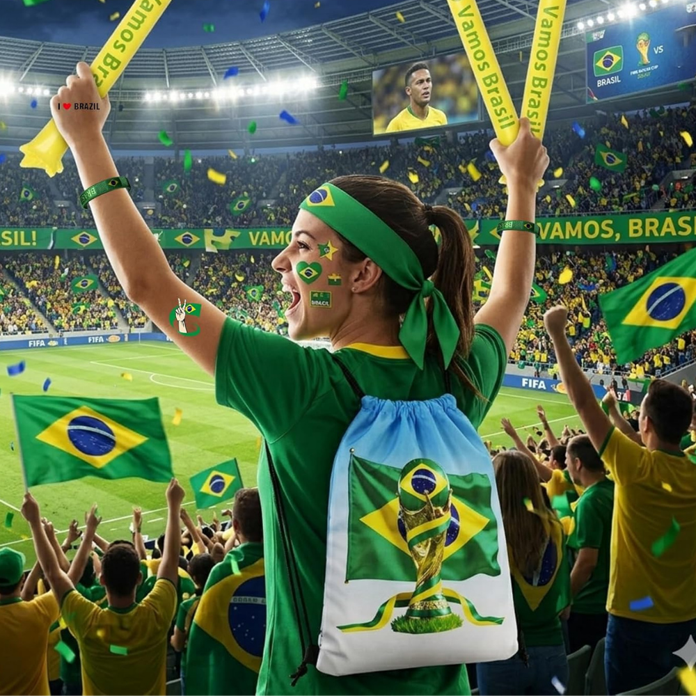 Sada fanouška s brazilskou vlajkou na mistrovství světa pro podporu během zápasu