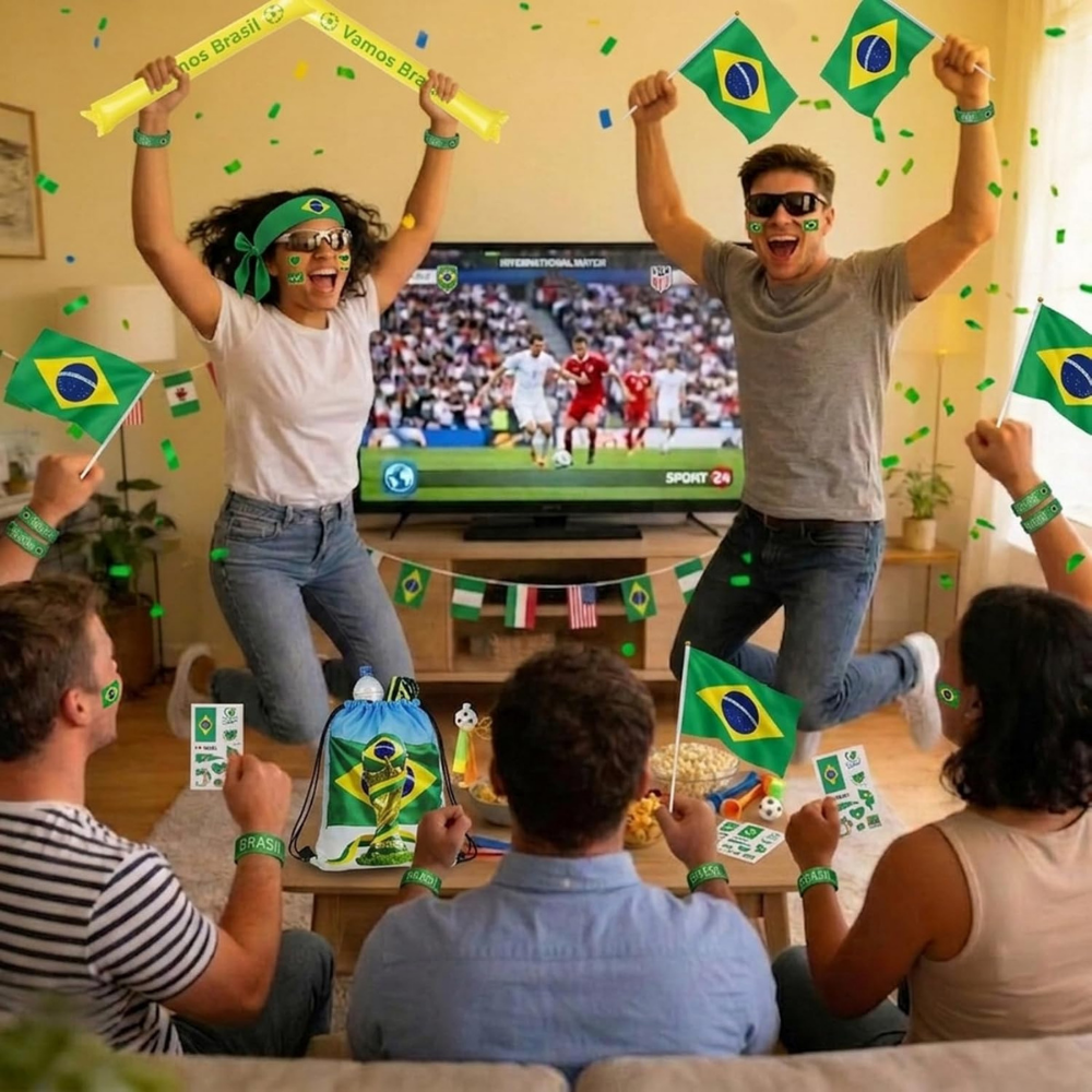 Sada fanouška s brazilskou vlajkou na mistrovství světa pro podporu během zápasu