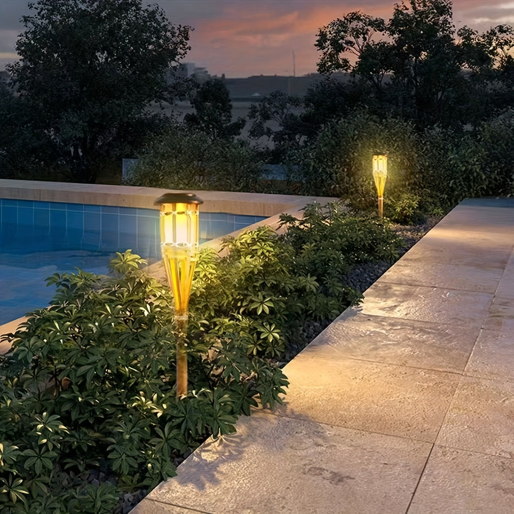 2-pack solarnych lamp bambusowych z płomieniem i 12 diodami LED, latarnie ogrodowe na zewnątrz
