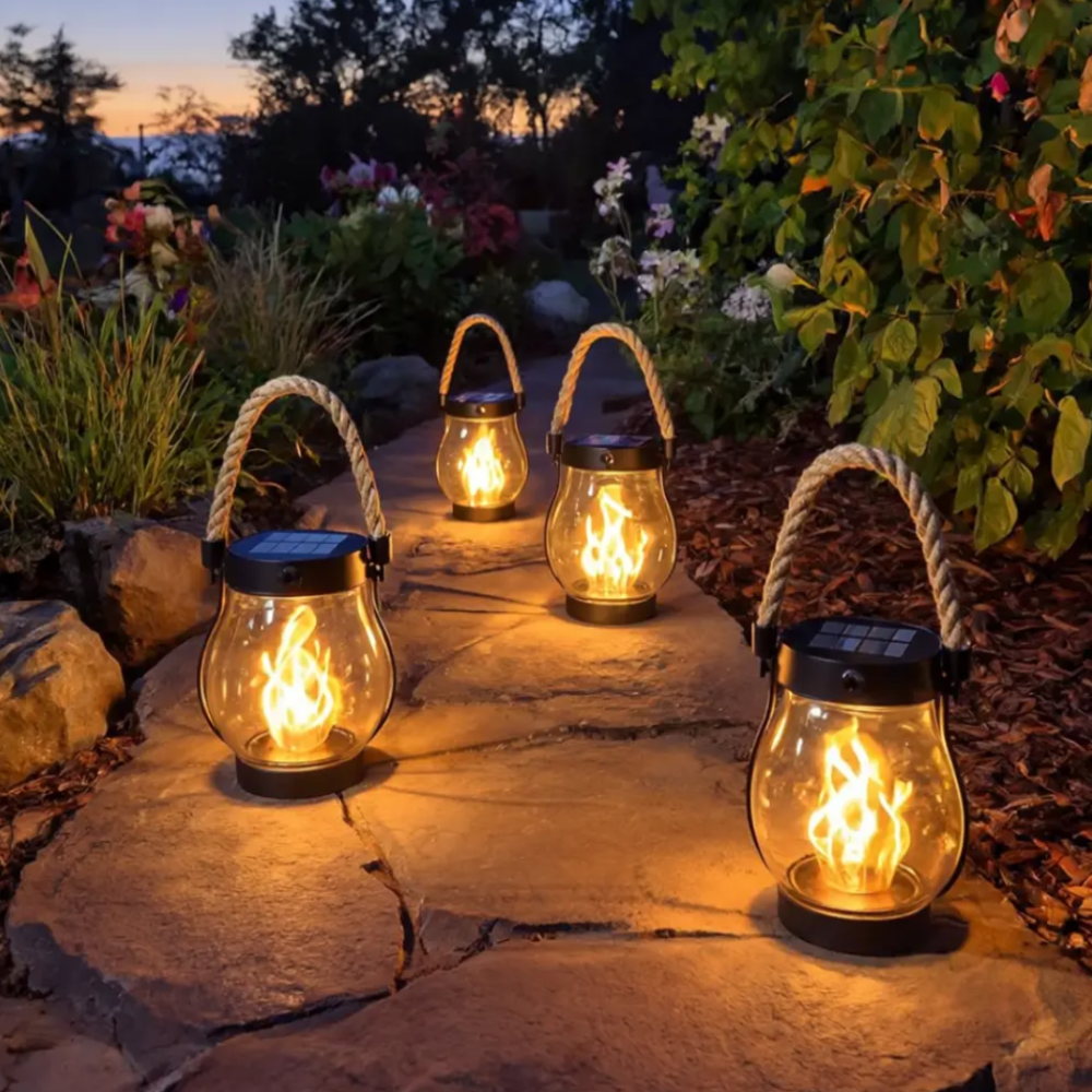 Solar Lantern With Flame Effect For Outdoor Garden Lighting