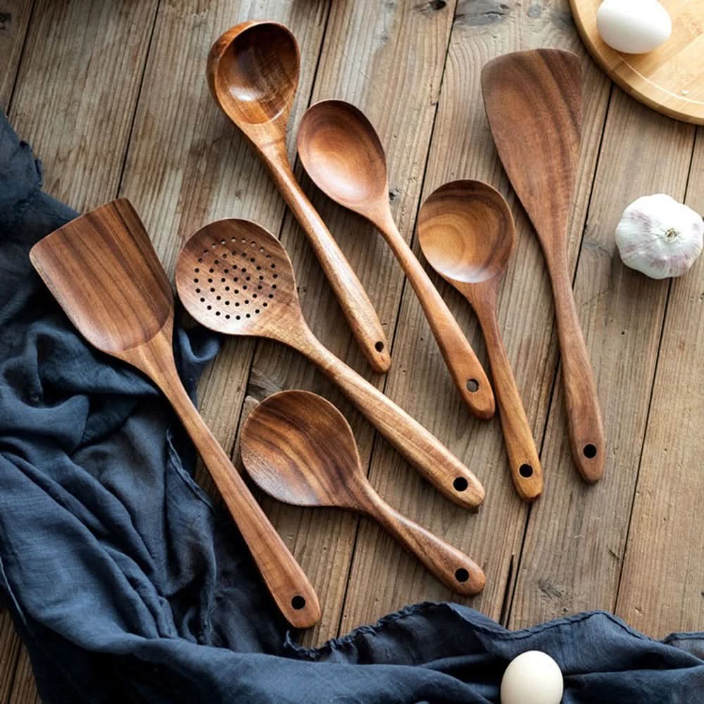 Teak Kitchen Utensil Set For Elegant Cooking In Modern Kitchen
