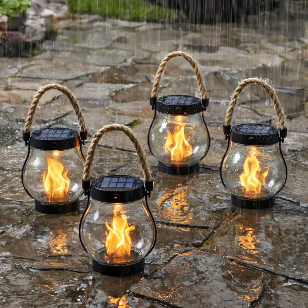 Solar Lantern With Flame Effect For Outdoor Garden Lighting
