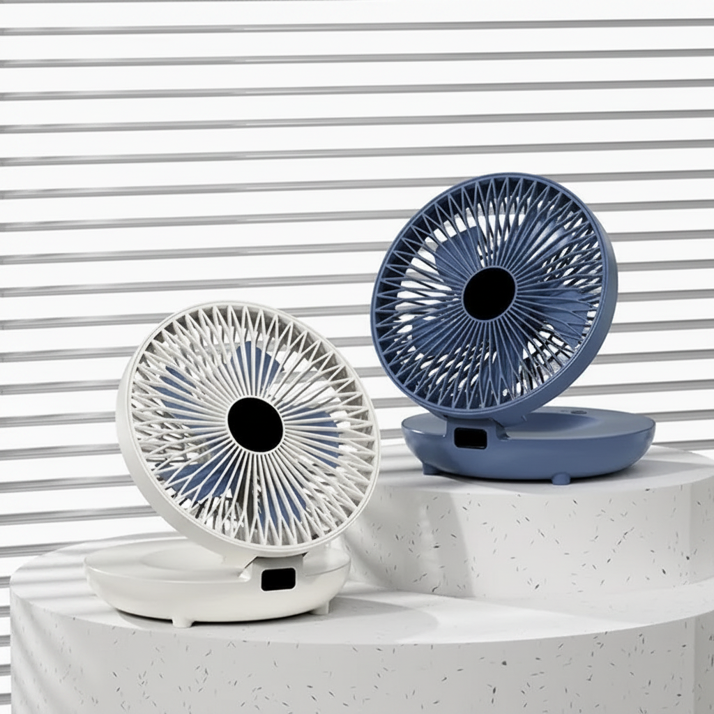Skládací přenosný oscilující stolní ventilátor s ochrannou sítí
