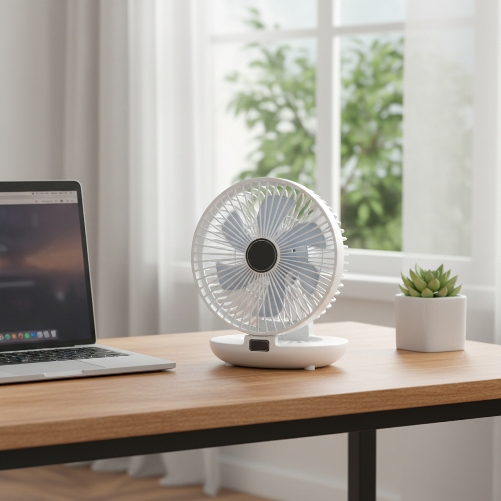 Skládací přenosný oscilující stolní ventilátor s ochrannou sítí