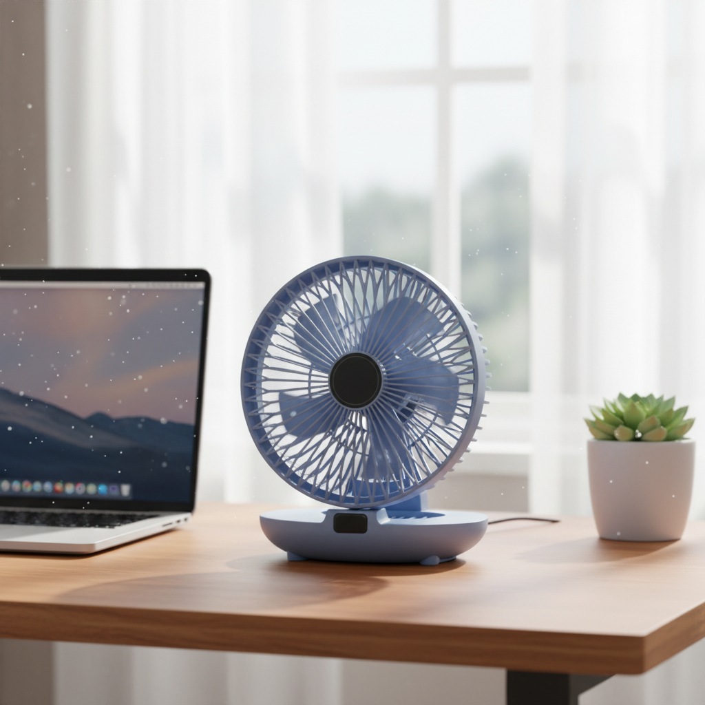 Skládací přenosný oscilující stolní ventilátor s ochrannou sítí