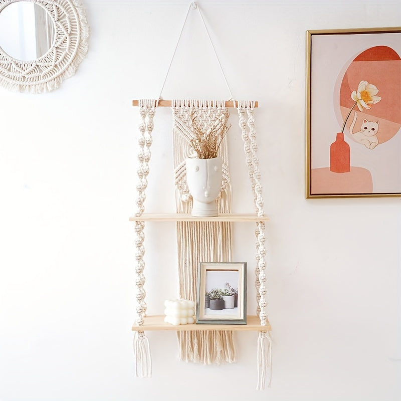 Prateleira de Parede Boho em Macramé com Estante de Armazenamento de Dois Níveis