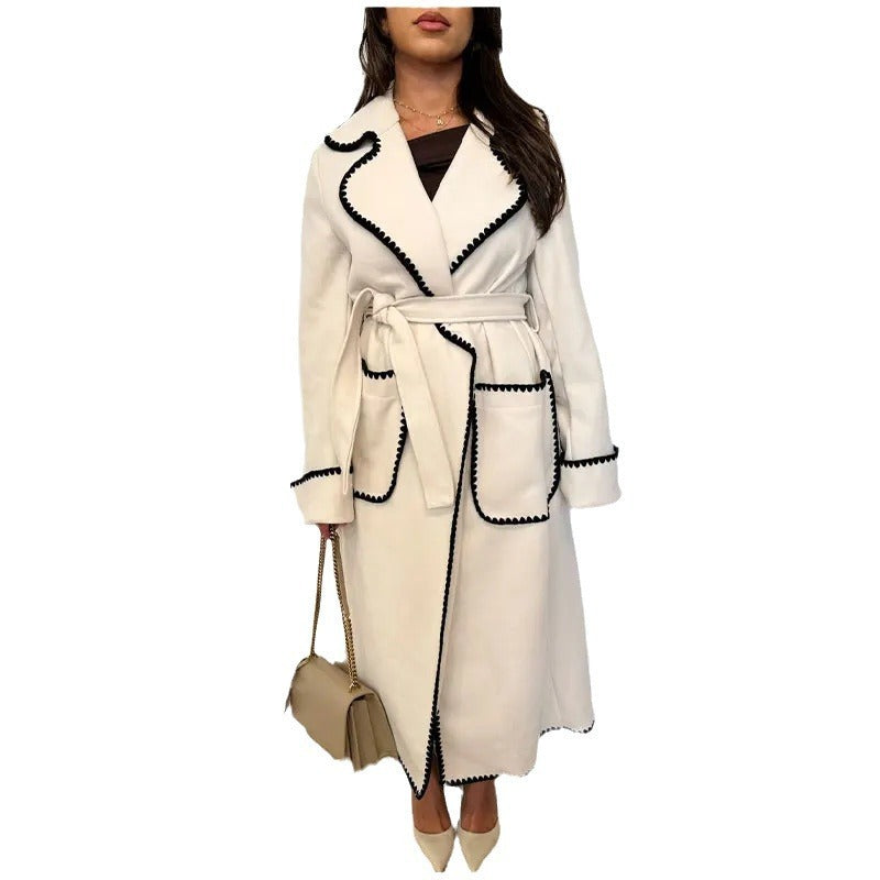 Women's Fashionable Warm Long-sleeved Lapel Woolen Lace-up Coat